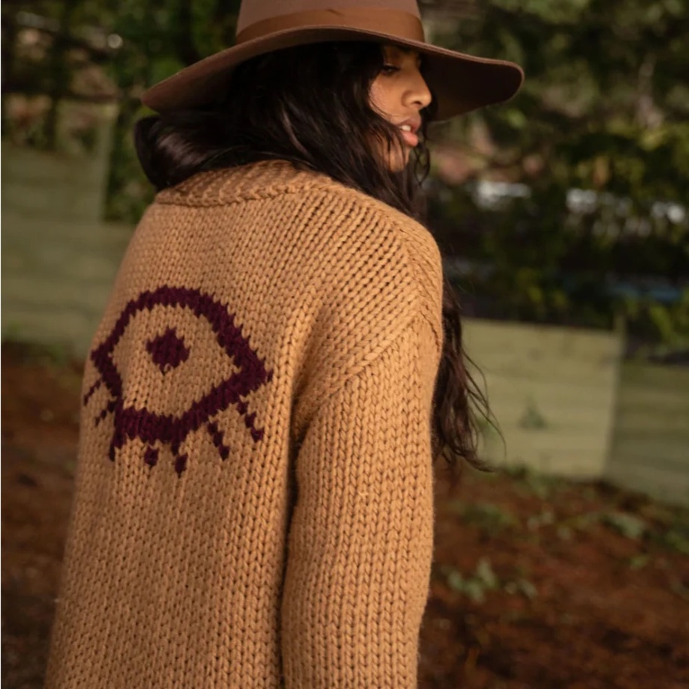 Jackson Rowe Camel Brown Knit Cardigan with Maroon Eye Motif